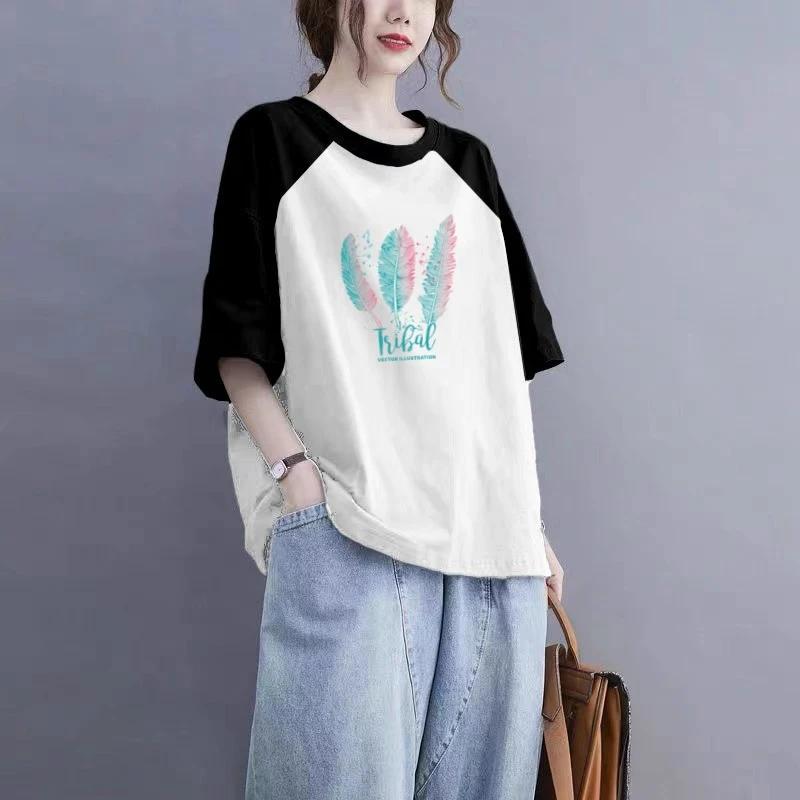 100%纯棉短袖t恤女夏季新款大码宽松休闲减龄撞色假两件圆领上衣