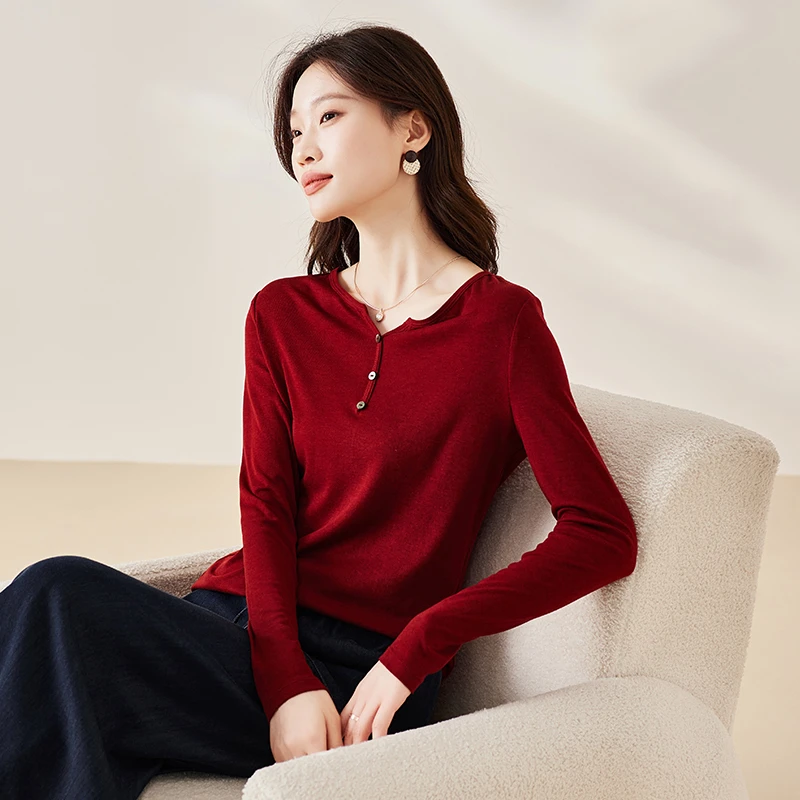 索菲丝尔【莱赛尔蚕丝】简长袖打底衫女2025春季修身T恤上衣517008