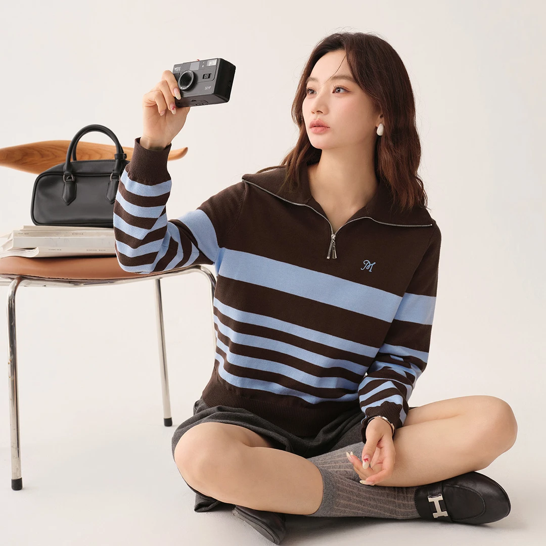 撞色美拉蓝条POLO领毛衣女2025春季韩系时尚拉链针织衫