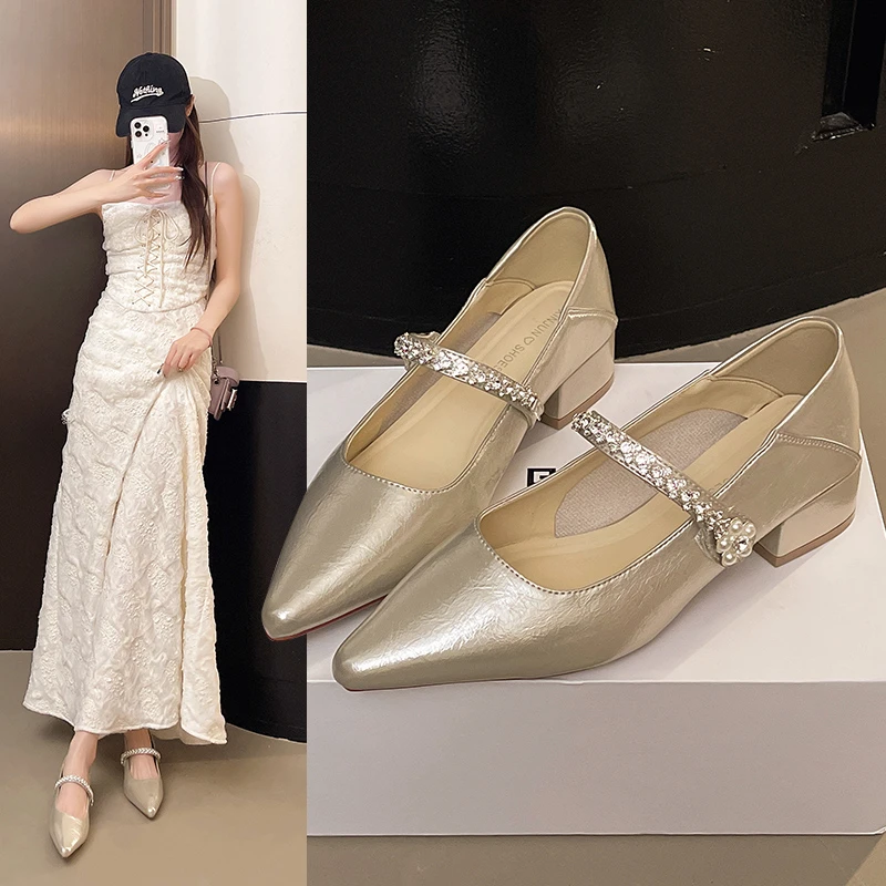 慕她秀法式水钻一字带粗跟单鞋女2025年新款配裙子尖头玛丽珍鞋