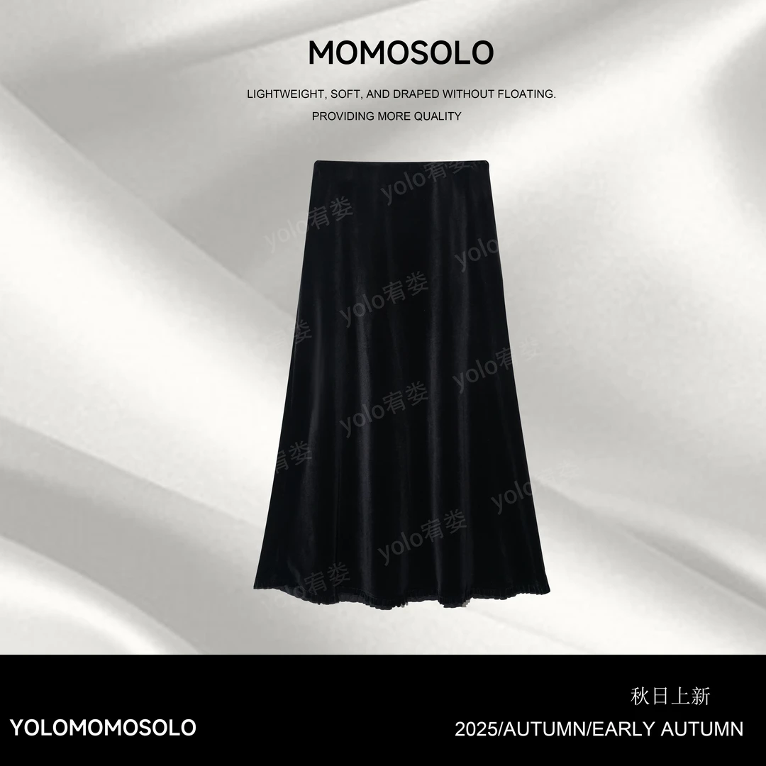 •石楠•2025秋气质百搭设计感复古丝绒垂感A摆半身裙QM25Q3258474