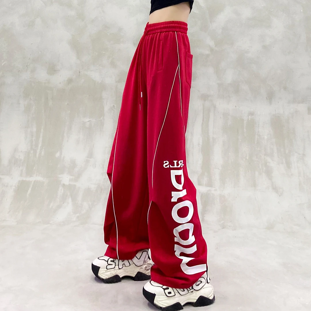 美式宽松休闲弯刀裤女秋新款个性拼色字母装饰高腰显瘦百搭香蕉裤