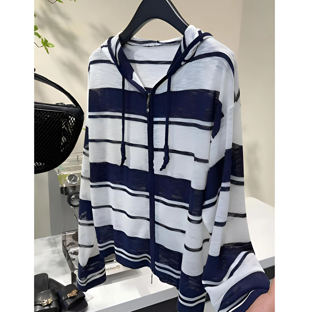 90-170斤早秋条纹连帽长袖防晒针织开衫宽松女装大码休闲百搭上衣