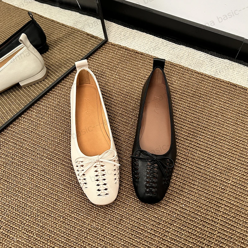2cm/ALK1963牛皮圆头平跟单鞋女夏季镂空透气编织复古玛丽珍鞋