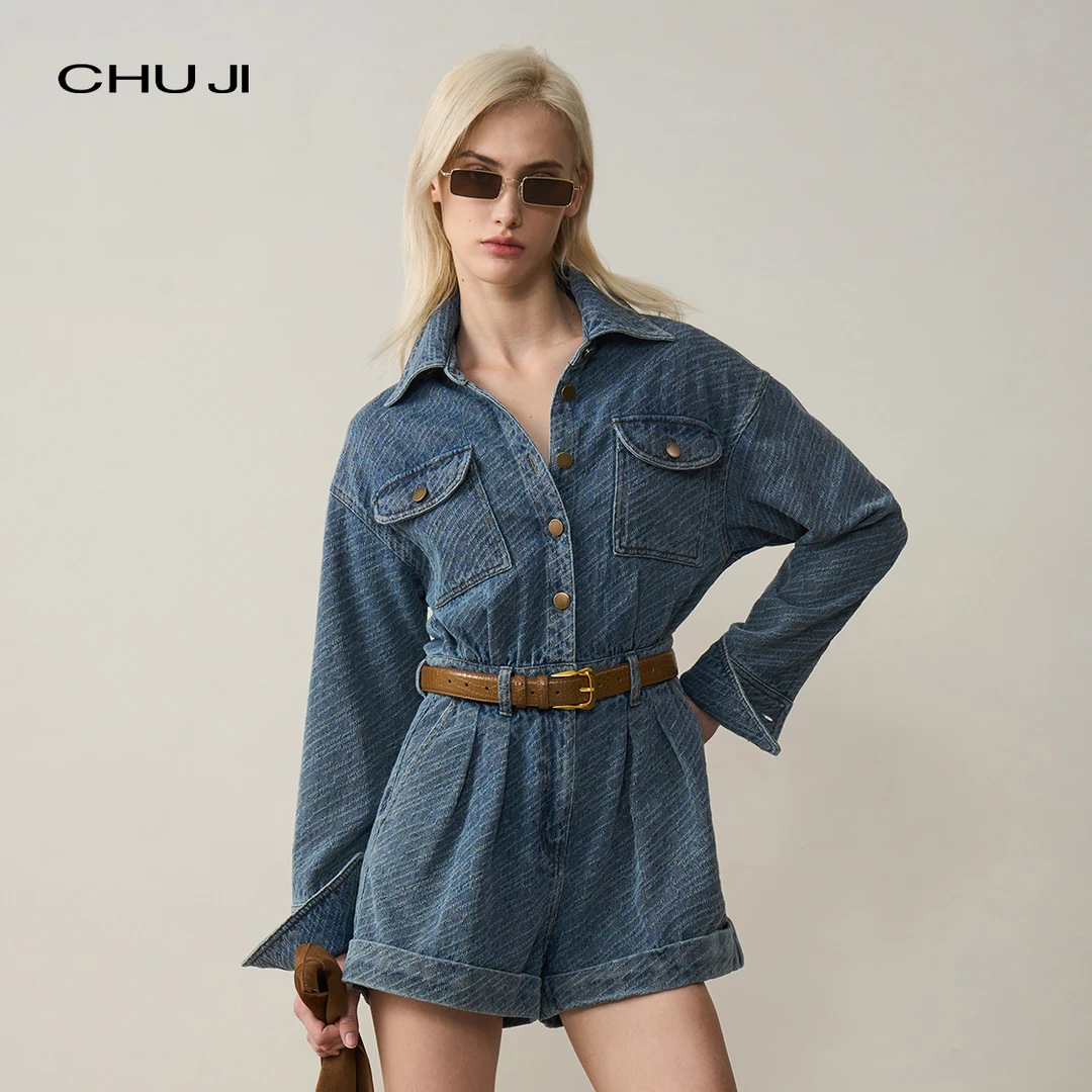 Chuji出迹 提花肌理感 秋款长袖工装风牛仔连体裤短裤女-E1Y1837K