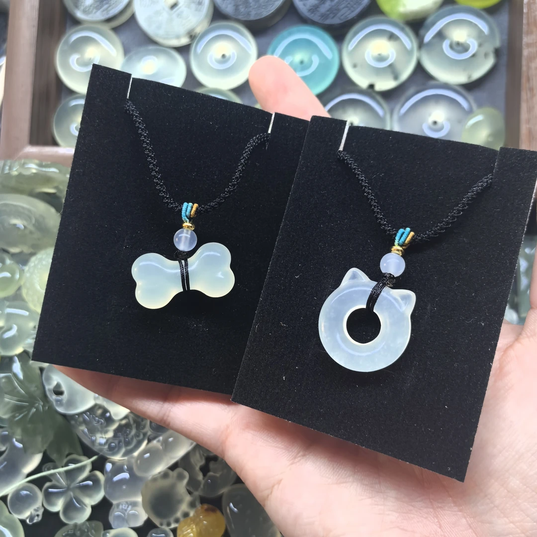 岫玉白冰情侣款闺蜜款猫圈骨头项链一对（随机）可做项链手链手机链