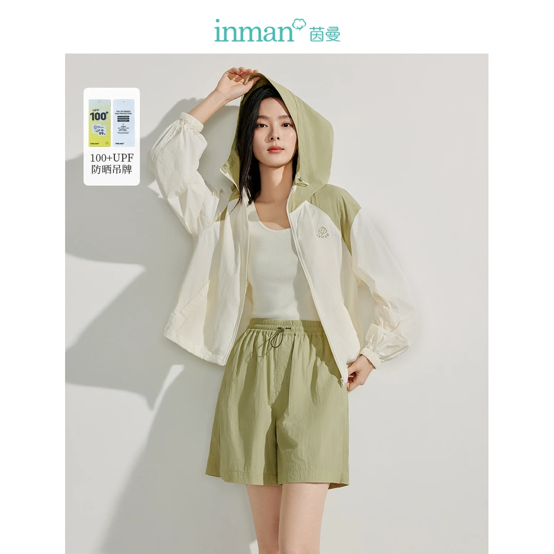【欧若轻机能】茵曼夏季100+UPF撞色户外防晒衫连帽长袖开衫外套女