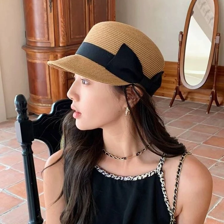 夏季草帽子女显脸小蝴蝶结圆顶草编鸭舌帽女出游防晒遮阳马术帽子