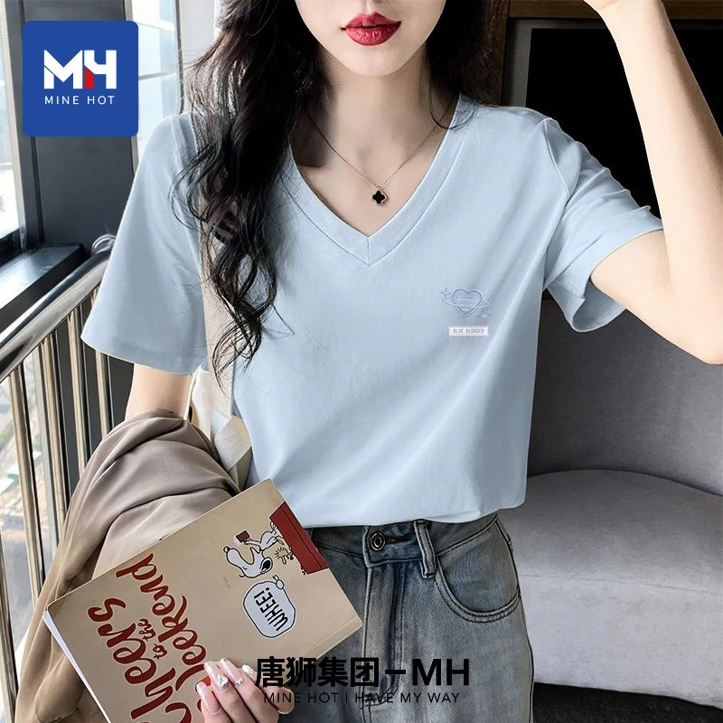 唐狮集团MH白色v领t恤女2025新款上衣夏季抗菌凉感多巴胺穿搭H