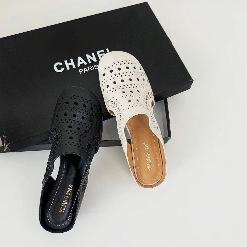 5121包头拖鞋女真皮凉拖外穿半拖镂空洞洞鞋时尚圆头女鞋夏季