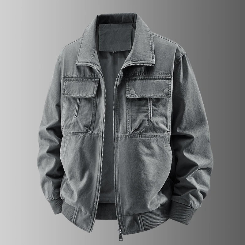 2025秋冬男士新款纯棉工装多袋宽松大码休闲时尚立翻领夹克外套男