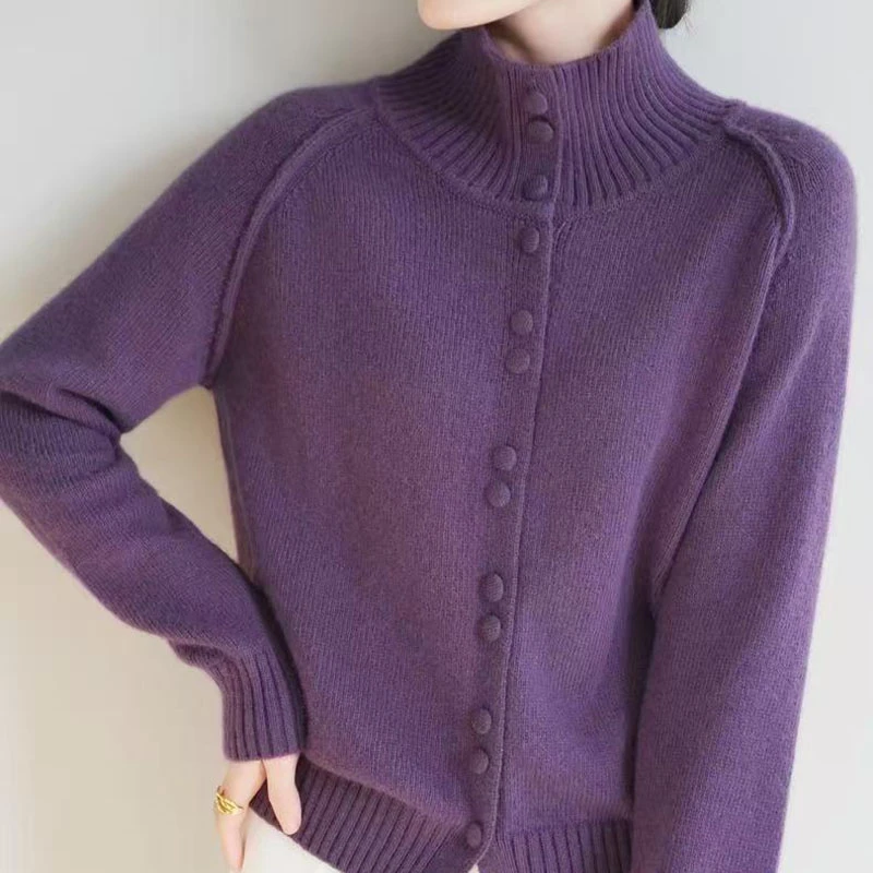 2025秋冬新款纽扣高领插肩袖针织开衫高级感洋气宽松纯色外套上衣