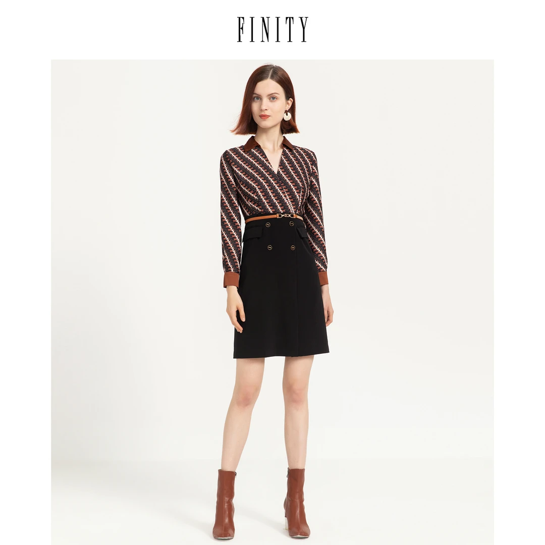 【粉丝专享】 FINITY 连衣裙时尚气质拼接V领裙子 F20TD8142L