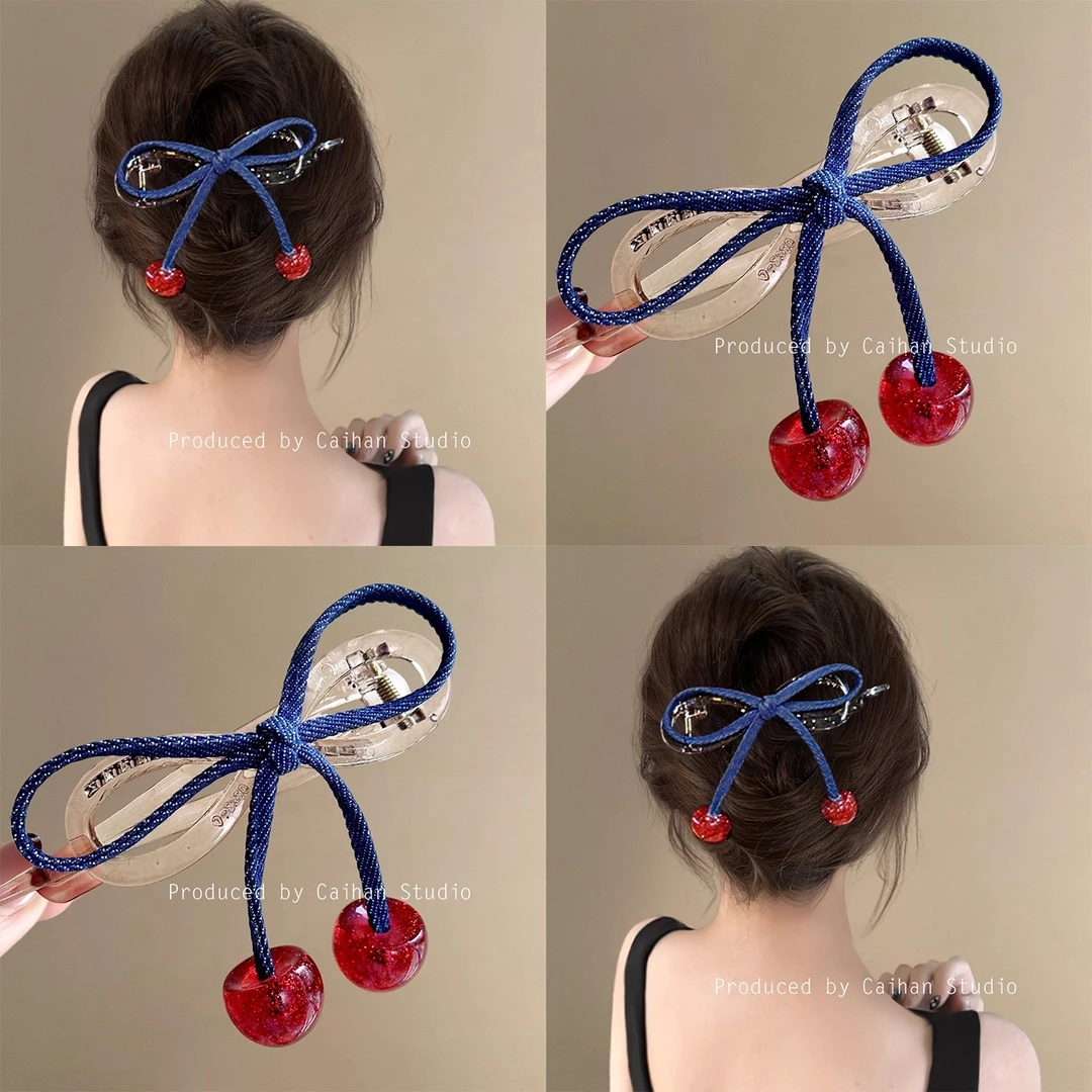 甜夏~樱桃蝴蝶结扭扭夹高级感后脑勺鲨鱼夹甜酷发夹夏日盘发器