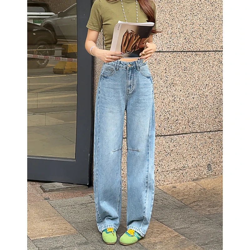 美思源浅色牛仔裤女高腰弯刀裤2025春季新款设计感宽松垂感阔腿裤