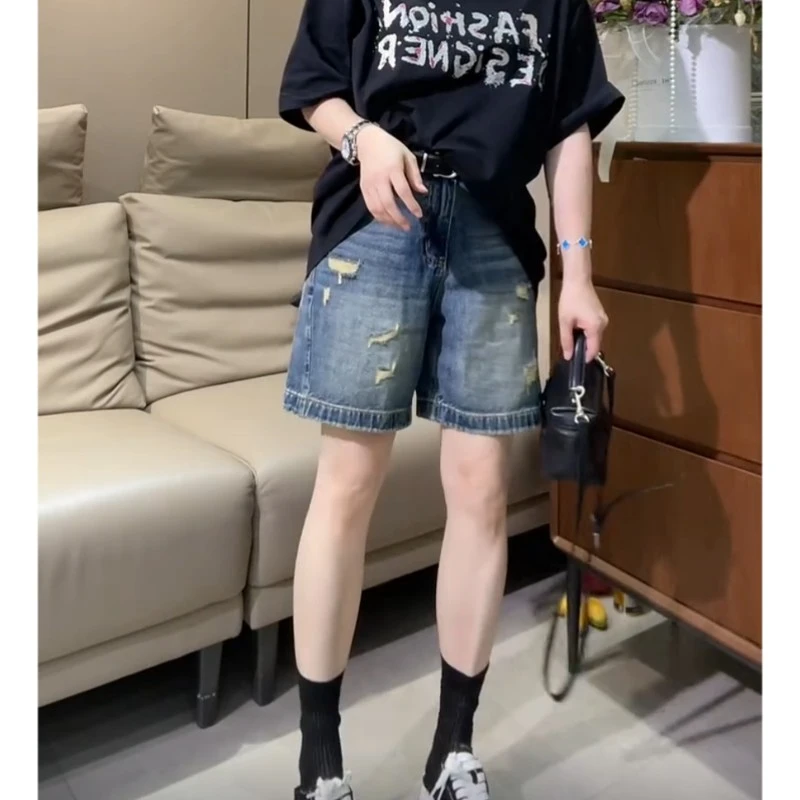 夏季新款时尚显瘦薄款破洞高腰显瘦牛仔短裤梨型身材百搭宽松直筒