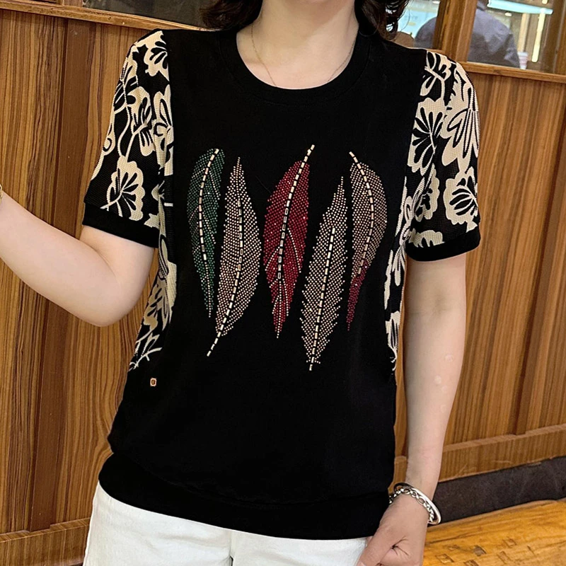 新款夏季薄款短袖T恤中老年休闲拼接烫钻韩版大码女装时尚上衣