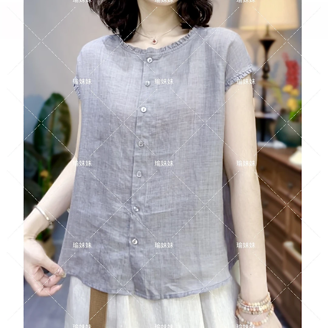 【瑜妹妹】斜纹苎麻花边领女衬衫-夏季单排扣显瘦百搭休闲气质小衫