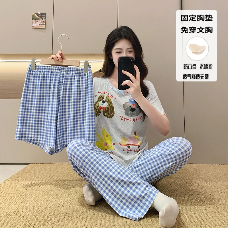 {狗狗派对}夏季新款格子短袖带杯垫三件套柔软减龄透气套装2142