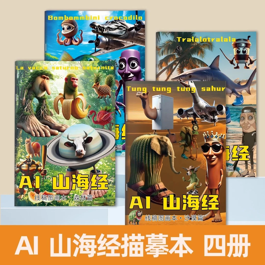 AI山海经外国山海经通通哥木棍人穿鞋鲨鱼描摹本儿童涂鸦绘画本