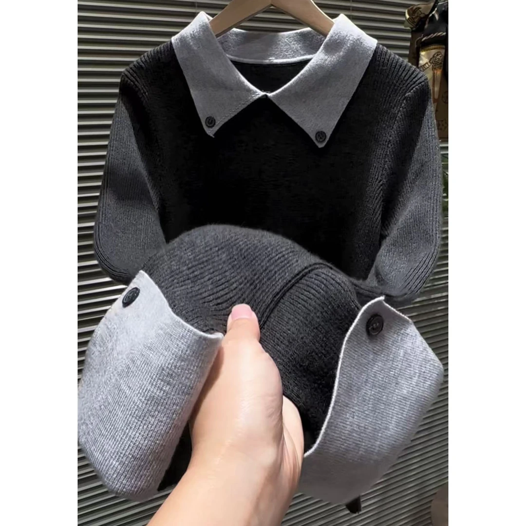 韩系穿搭撞色翻领针织衫女秋冬新款慵懒风假两件修身显瘦内搭上衣