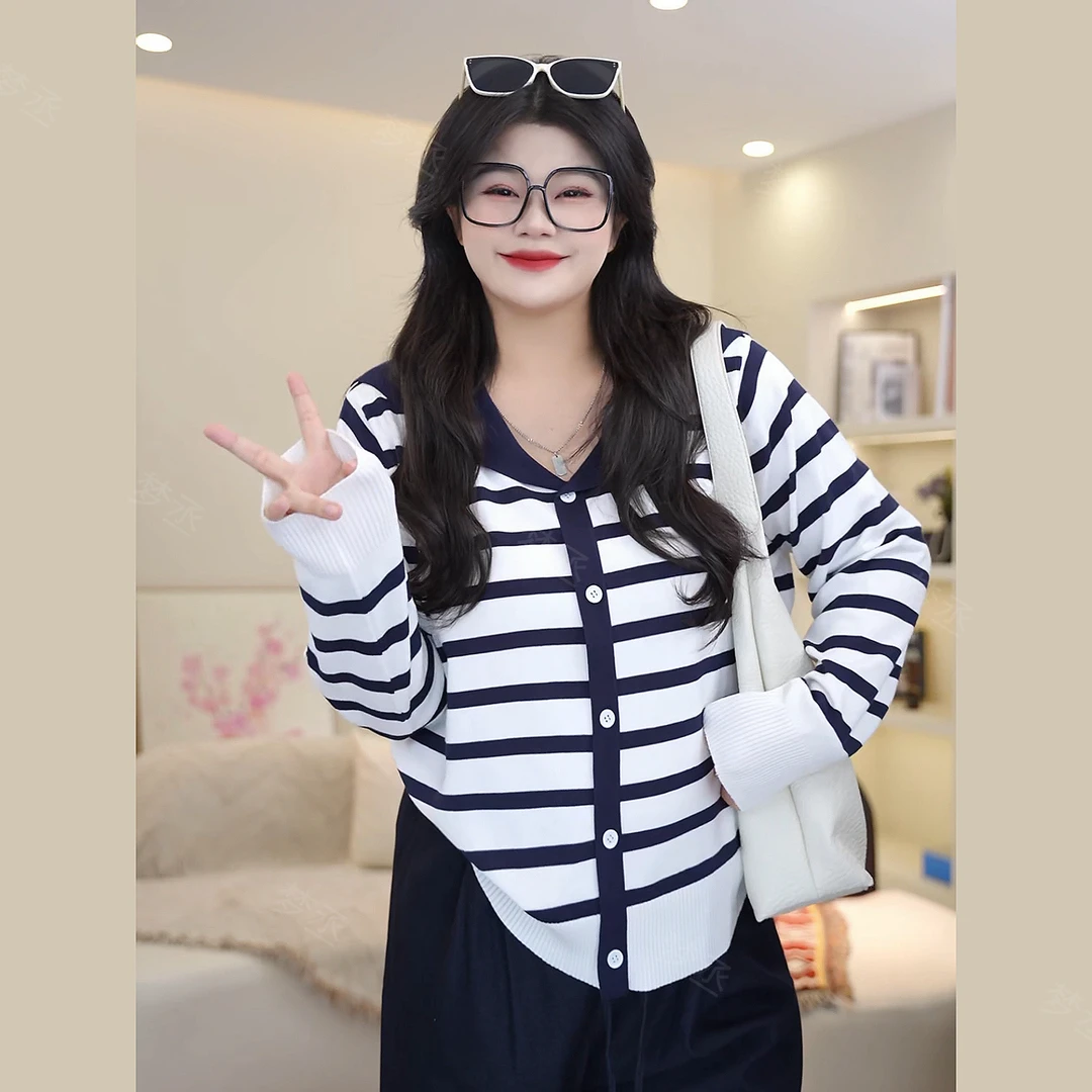梦丞-胖mm大码女装早秋学院风海军领条纹洋气减龄针织开衫上衣