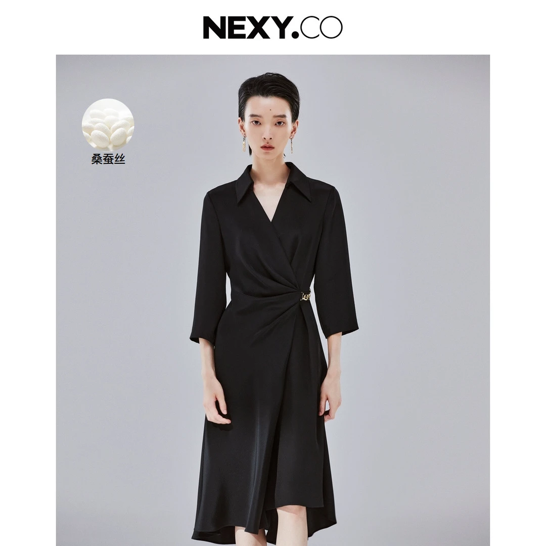 NEXY.CO/奈蔻【星线好物】【含桑蚕丝】气质捏褶七分袖翻XF05145W0