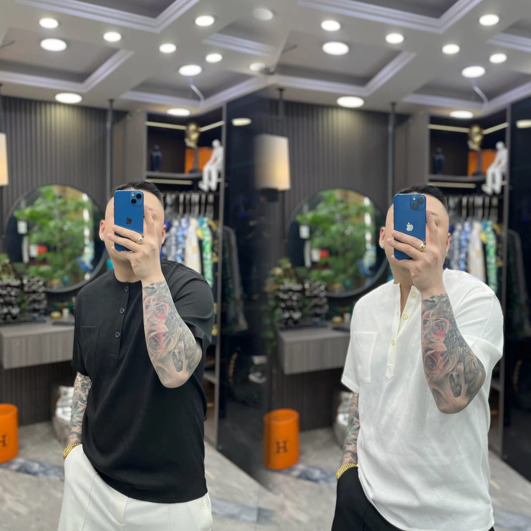 SH轻奢时尚高定男士雅痞无领亚麻极简风短袖T恤8555