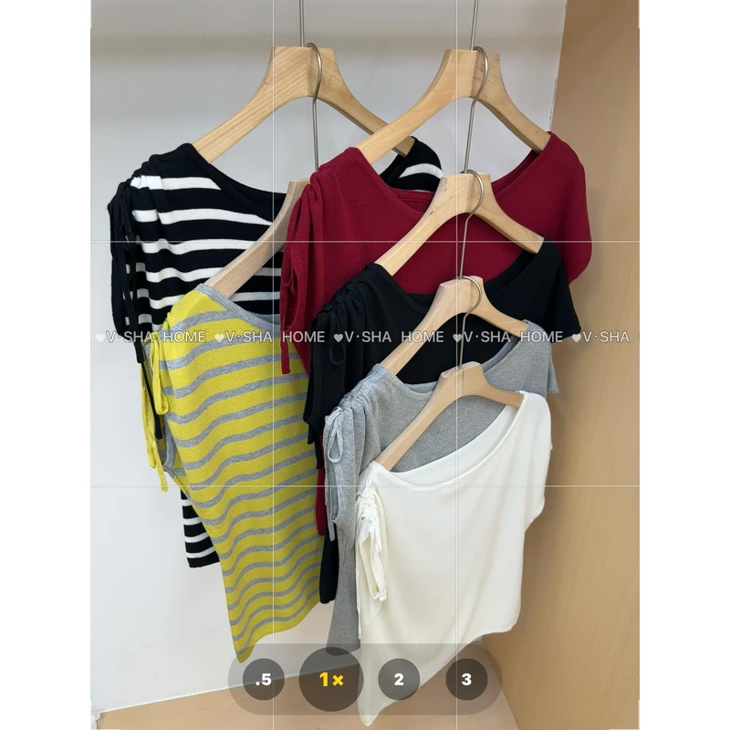 薇莎773【纯欲风】冰丝透气韩版短袖肩膀抽绳宽松T恤