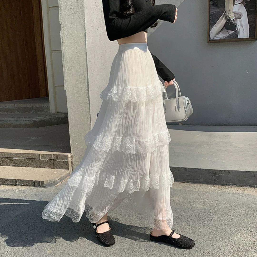 2025春夏新款层层蕾丝裙半身裙女春秋文艺范温柔长裙甜美a字裙