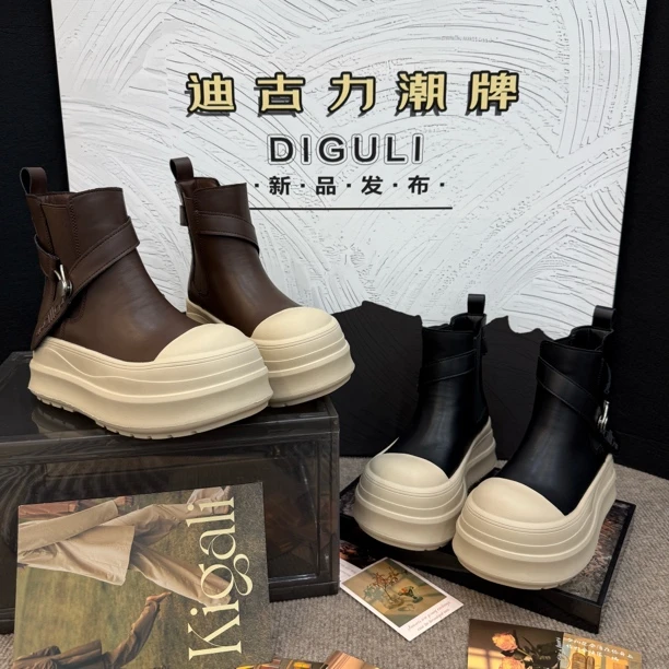 【迪古力】欧货大头松糕厚底切尔西女2025新款增高烟筒马丁短靴源
