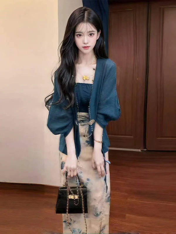 中式国风改良元素印花抹胸半身裙夏季开衫2025三件套汉服套装
