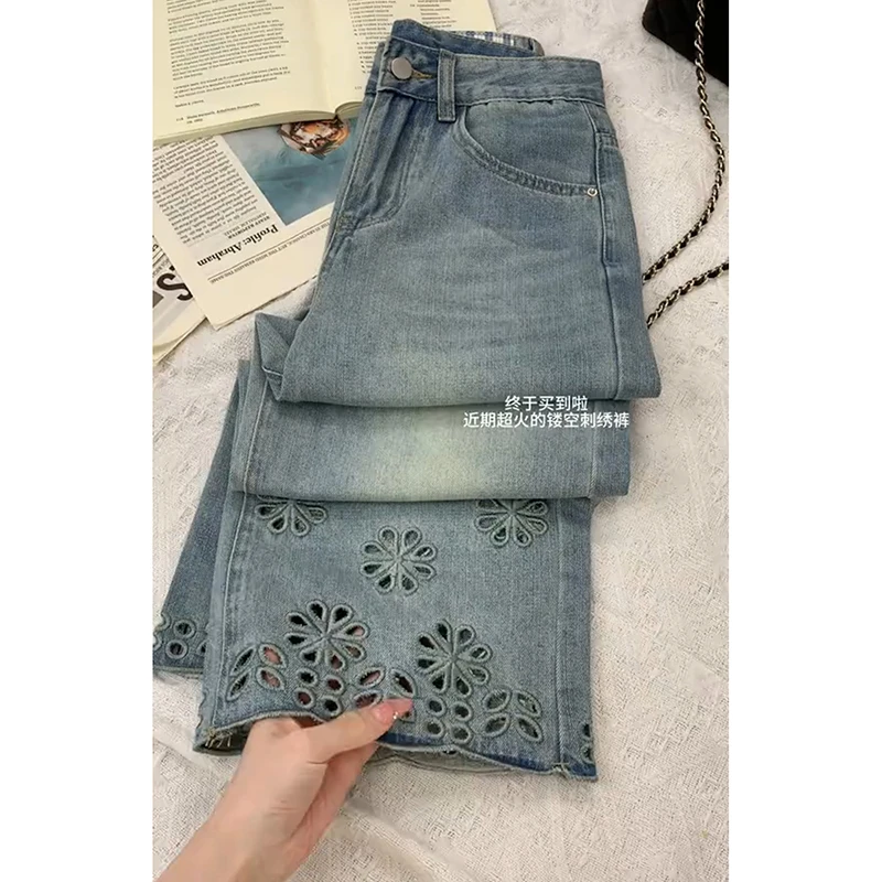 今年爆款镂空花朵刺绣直筒牛仔裤女夏季薄款复古九分高腰阔腿裤子