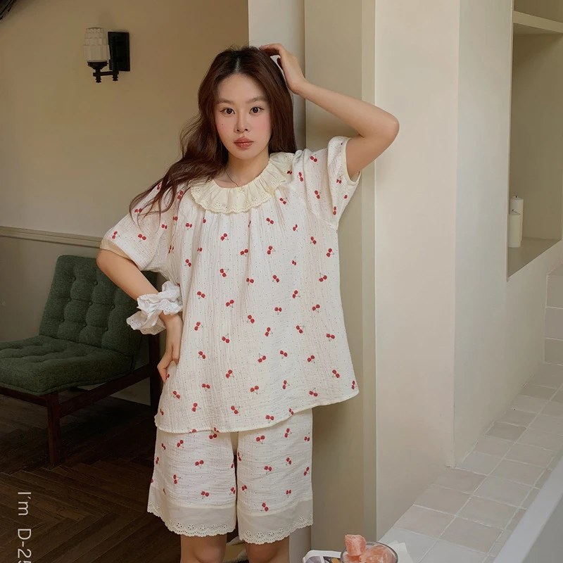 杜小宅夏日荷叶边棉纱衣女新款家居服短袖短裤两件套睡衣可外穿