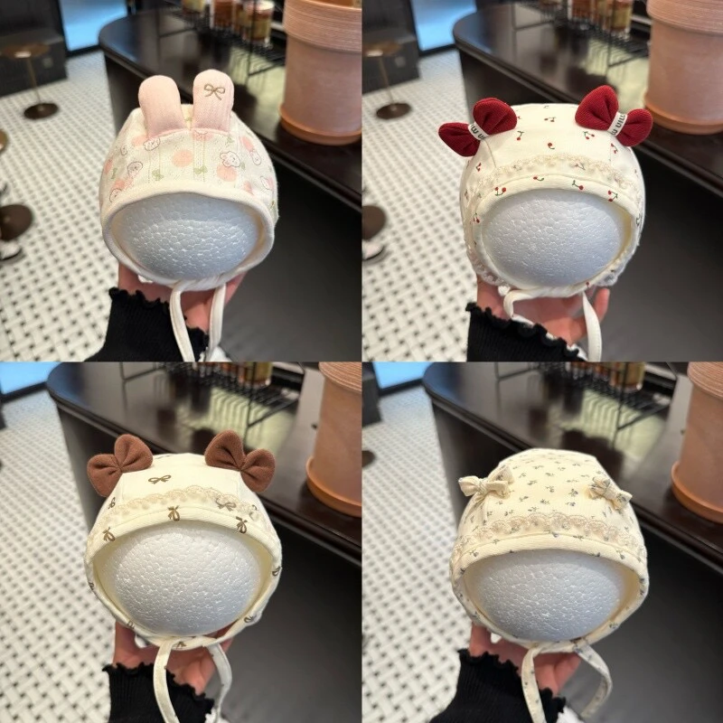 宝宝开春帽子可爱护耳帽可爱系带婴儿套头帽春夏小月龄甜美洋气帽