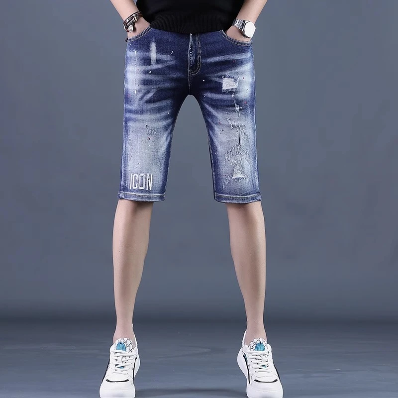 Cebrodz夏季新款破洞牛仔裤男中裤五分裤男士修身潮流百搭直筒裤
