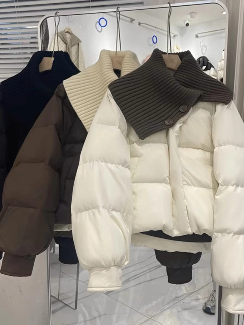 韩系针织拼接大码宽松短款棉服纯色小个子冬季外套拼接设计感