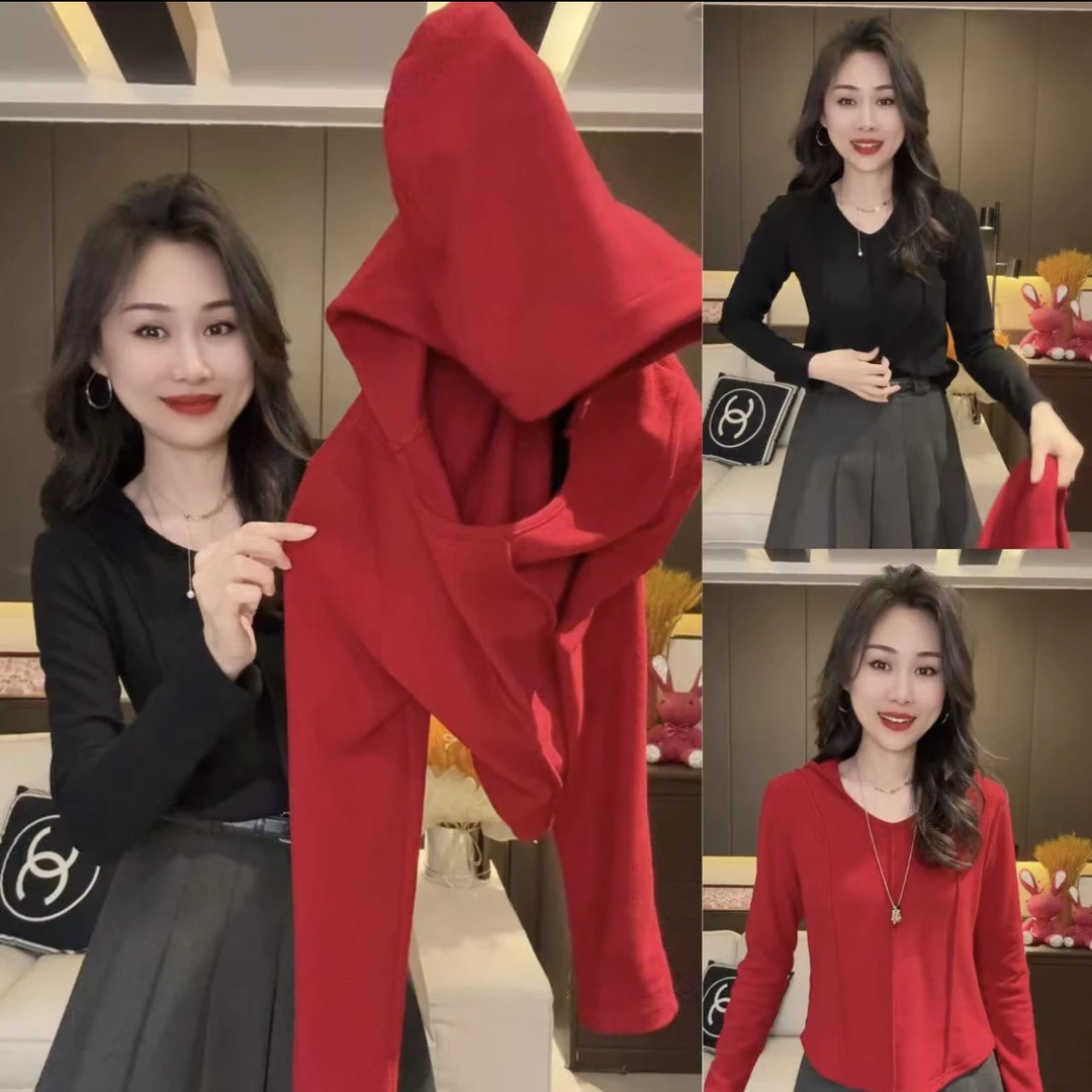 新年款洋气连帽长袖减龄百搭秋冬修身显瘦打底衫