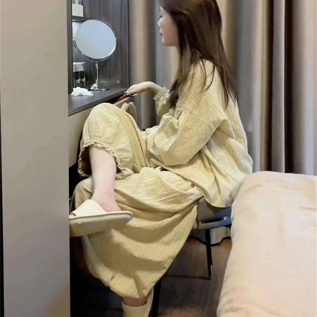 【双层棉纱】韩版高级感长袖睡衣女款春秋季宽松大码家居服套装