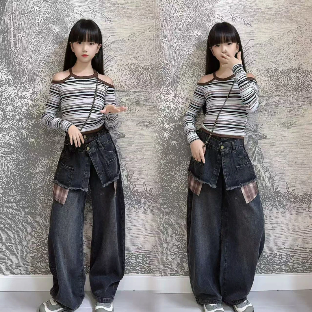 女童秋装套装2025新款中大童时髦牛仔裤春秋季网红露肩上衣两件套