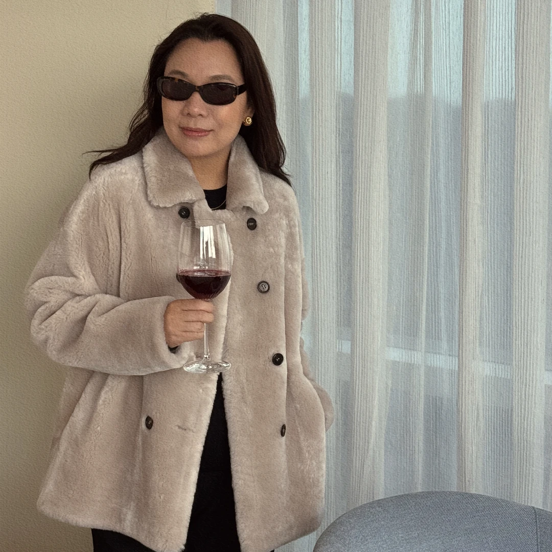 Ms.Qnn“白月光”进口美丽奴双排扣收腰羊皮毛一体外套 52C290 Q姐