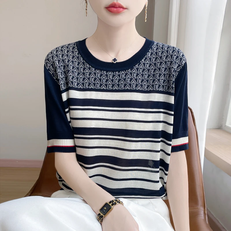 哥弟阿玛施正品针织衫冰丝凉感条纹短袖上衣洋气夏季女装圆领T恤