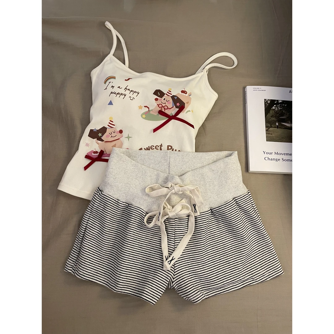 卡通小狗印花甜美少女设计感自带胸垫吊带睡衣女春夏款家居服套装