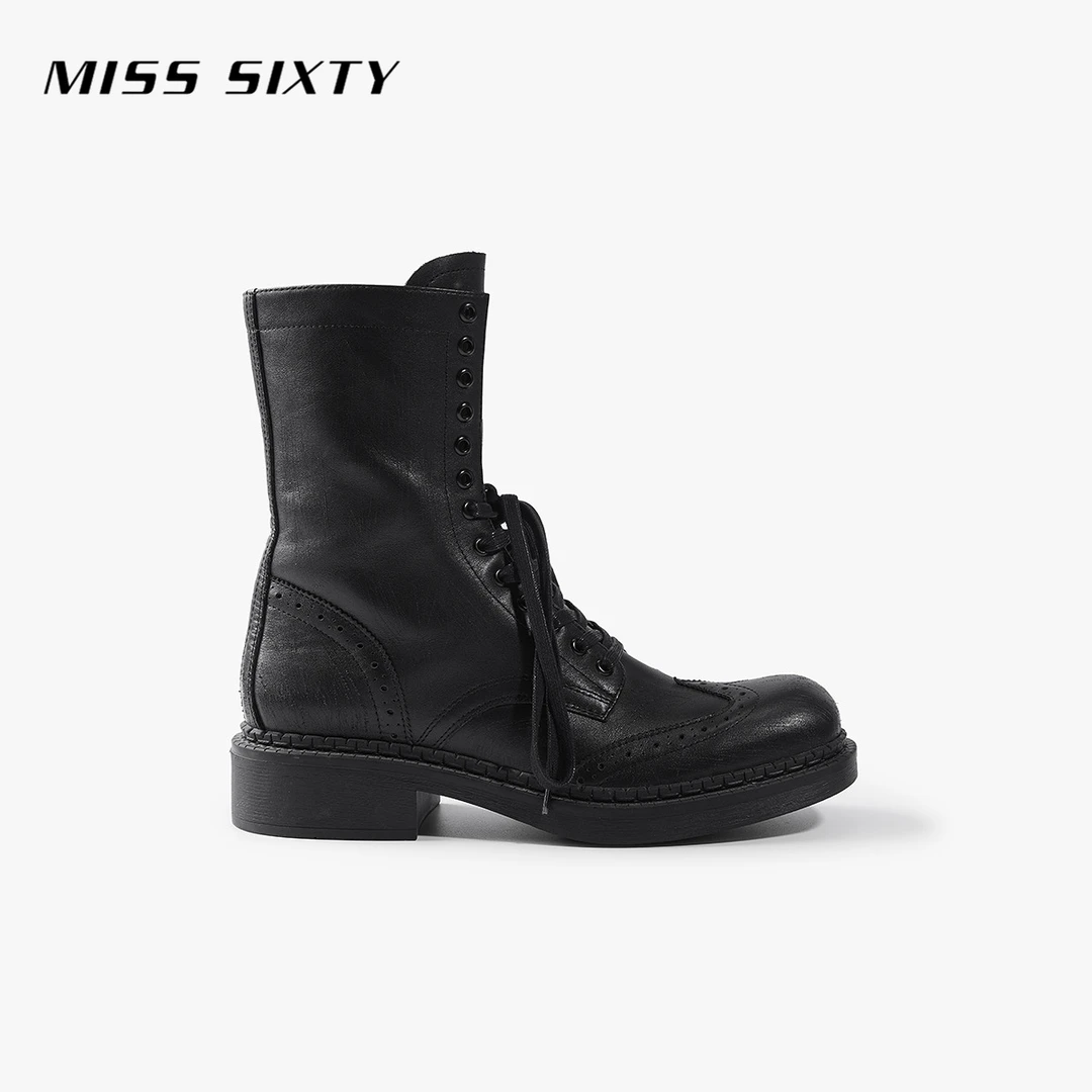 Miss Sixty2025秋季新款马丁靴女牛皮革复古花边英伦风绑带皮靴