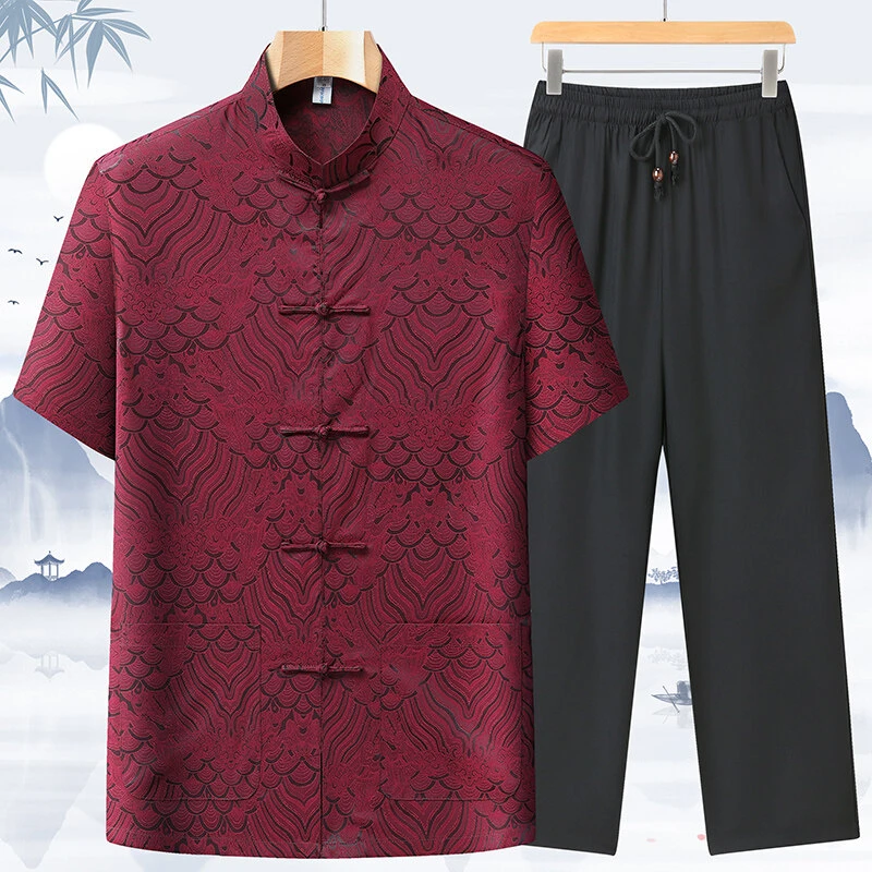 夏季薄款男套装短袖唐装爷爷汉服男夏装宽松复古男士两件套爸爸装