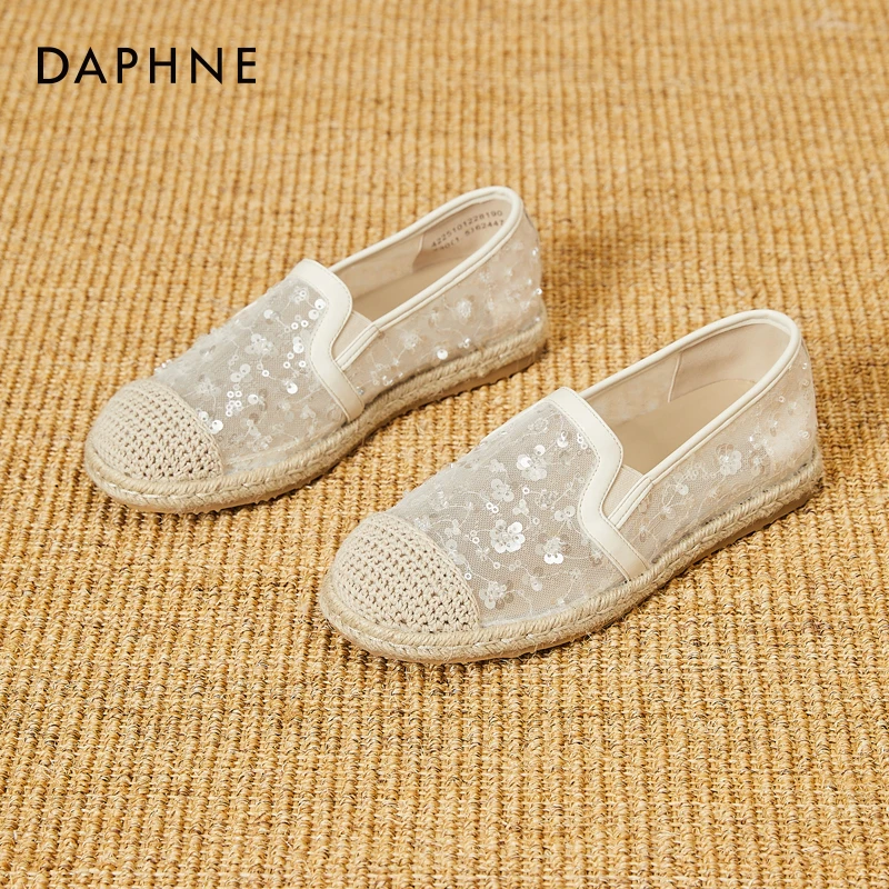 达芙妮单鞋女士渔夫鞋夏新款软底浅口亮片网面凉鞋一脚蹬透气女鞋