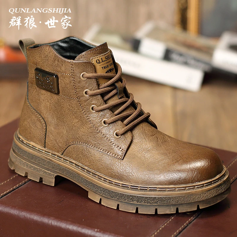 群狼·世家2025新款马丁靴男士秋冬季英伦工装加绒保暖高帮休闲鞋