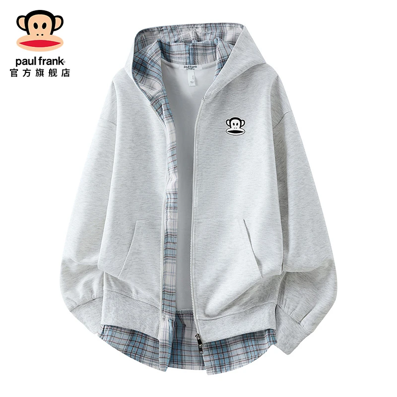 PaulFrank/大嘴猴拼接格子长袖卫衣男士秋冬新款潮流印花连帽外套