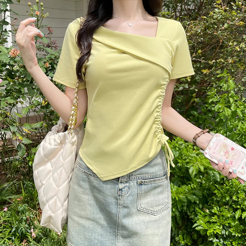 纯棉不规则抽绳正肩短袖t恤女夏小众设计感斜领显瘦遮肉百搭上衣