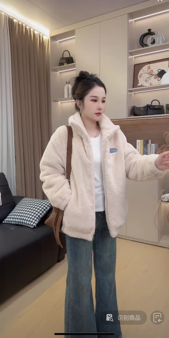 2025新款宽松仿兔毛立领棉衣加厚毛毛外套毛绒外套女冬款保暖棉服